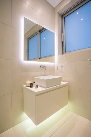 Shower, hair dryer, towels