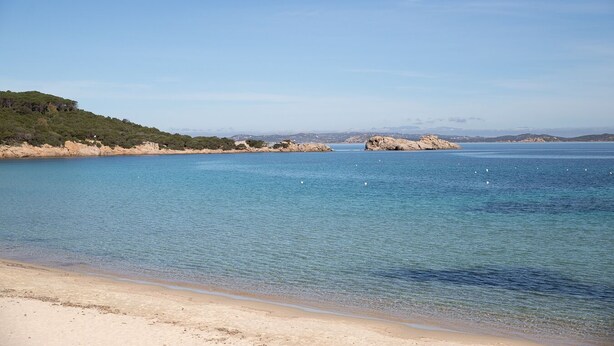Ein Strand mit klarem, blauem Wasser, sandigem Ufer und Felsen in der Ferne.