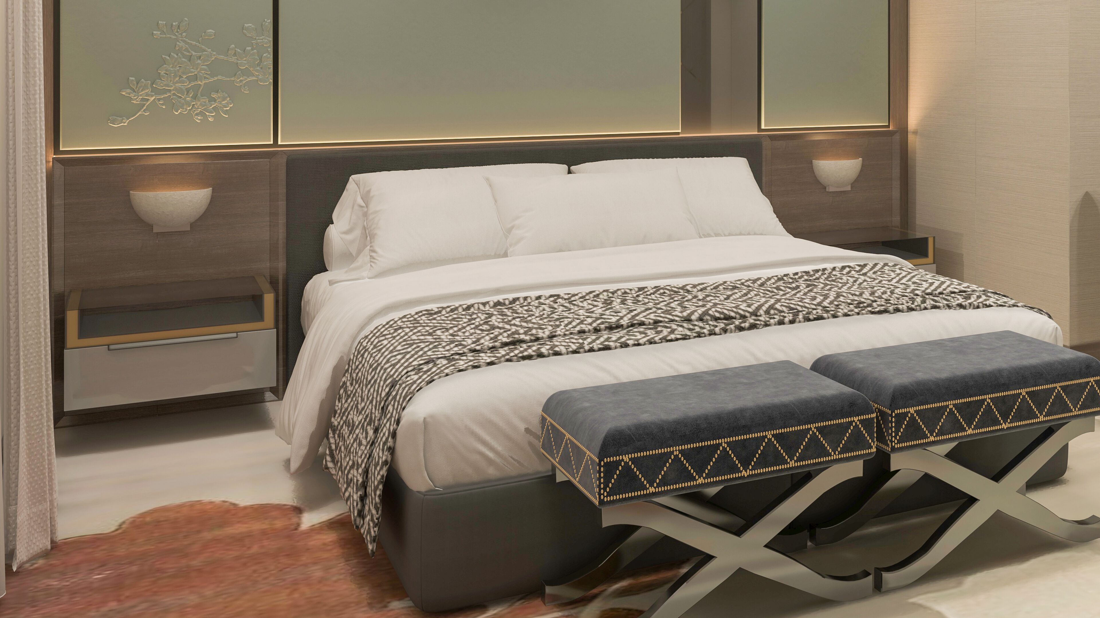 A modern bedroom with a bed, bedside tables, and a decorative wall panel.
