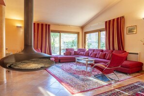 TV, caminetto, libri