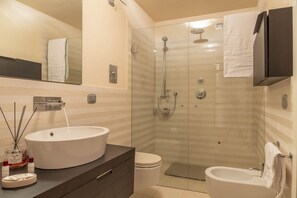 Ducha, secador de pelo, bidé y toallas