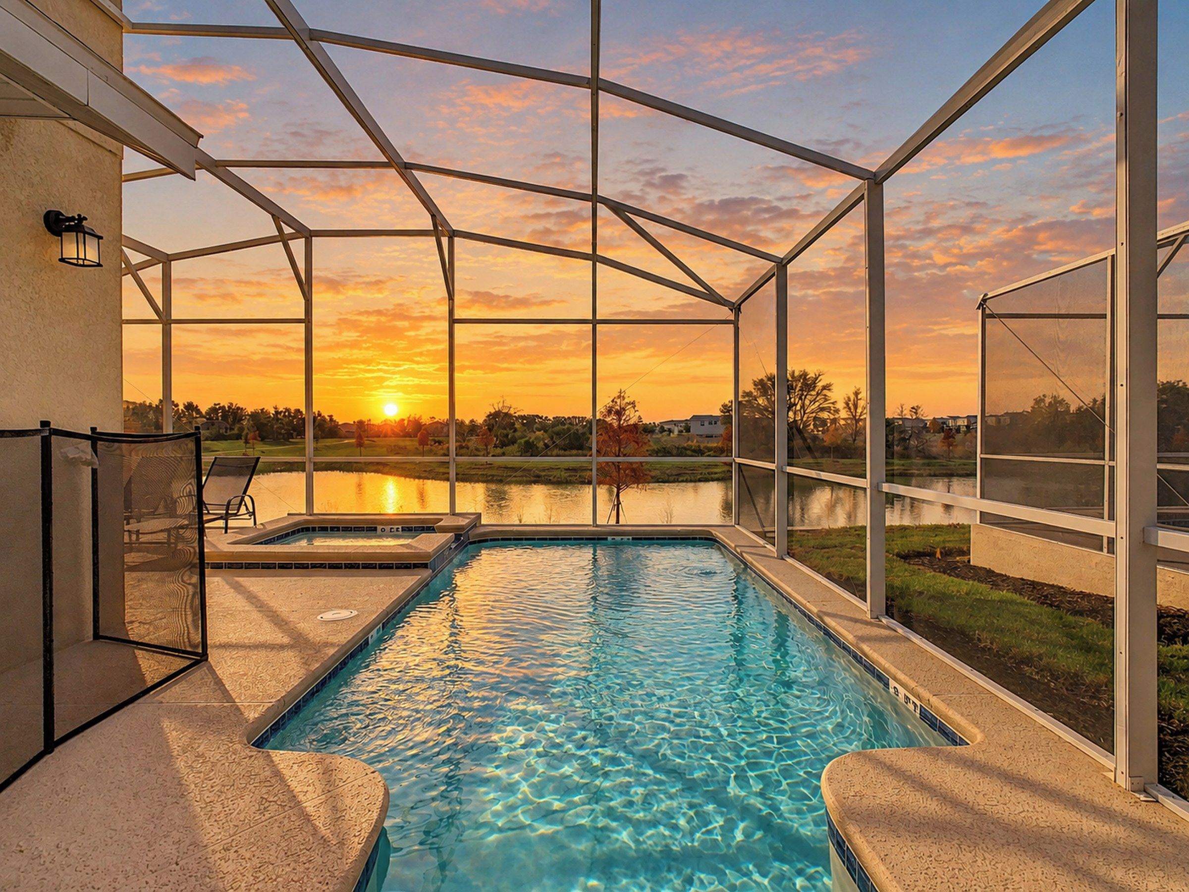 Piscina com vista para um pôr do sol sobre a água, protegida por uma estrutura de vidro.