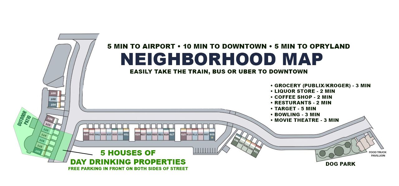 A neighborhood map with a train station, a dog park, and various amenities like grocery stores, coffee shops, and restaurants.