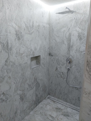 Hair dryer, towels, soap, toilet paper