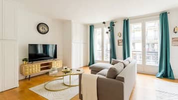 Smart TV, fireplace, books