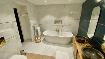 Hair dryer, towels, soap, toilet paper