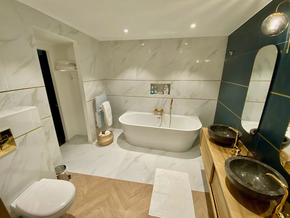 Hair dryer, towels, soap, toilet paper