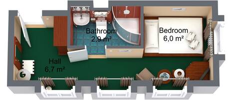 Plano de planta de una habitación de hotel con dormitorio (6,0 m²), baño (2,9 m²) y vestíbulo (6,7 m²).