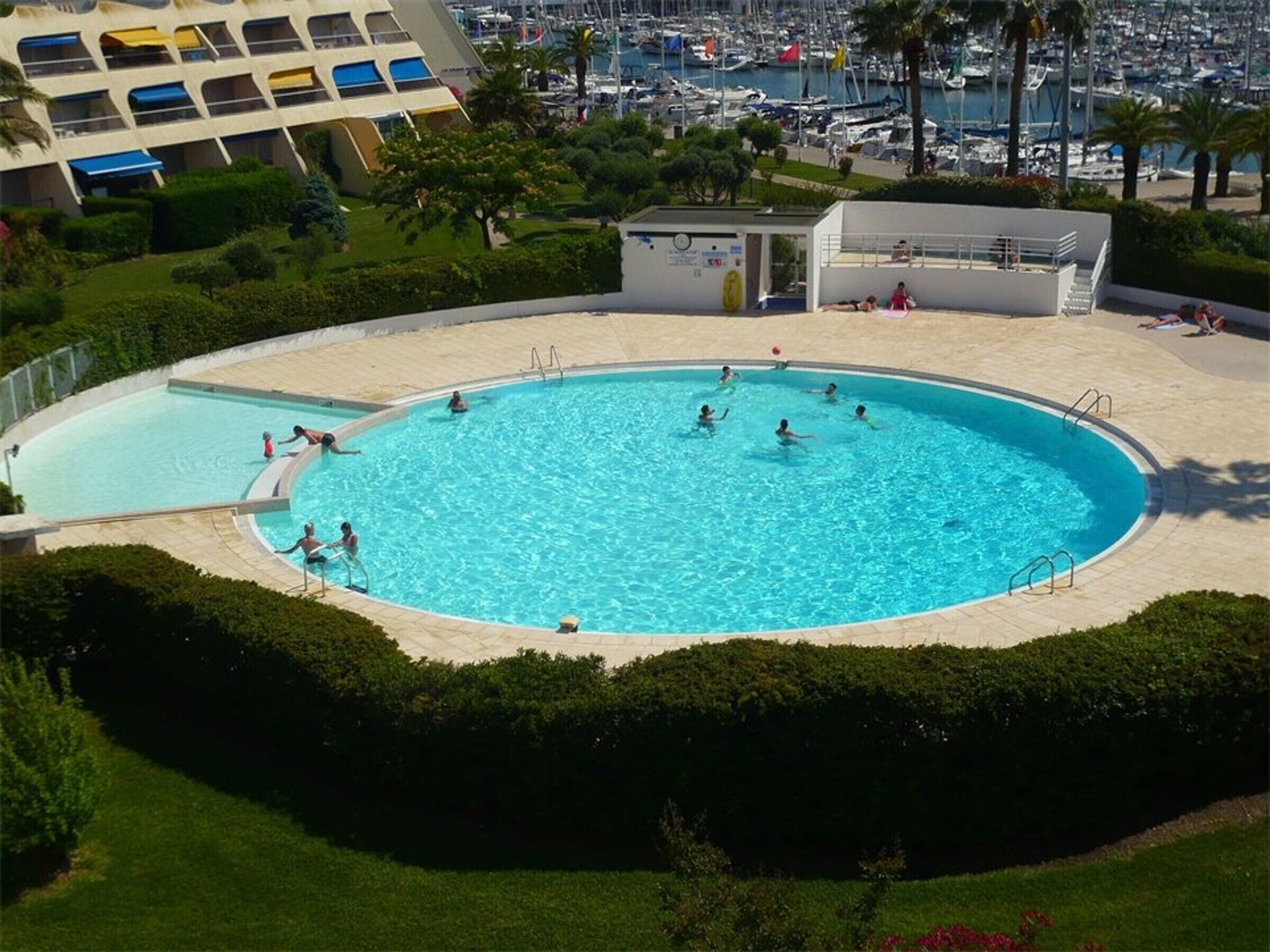 A large outdoor swimming pool surrounded by greenery, with a view of a marina and buildings in the background.