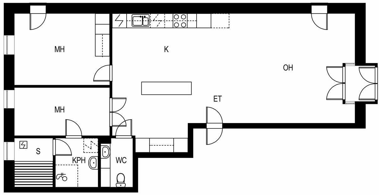 Plano de planta de un hotel con varias habitaciones (MH), una cocina (K), un área de estar (OH), un baño (WC), un cuarto de almacenamiento (S) y un cuarto de servicio (KPH).