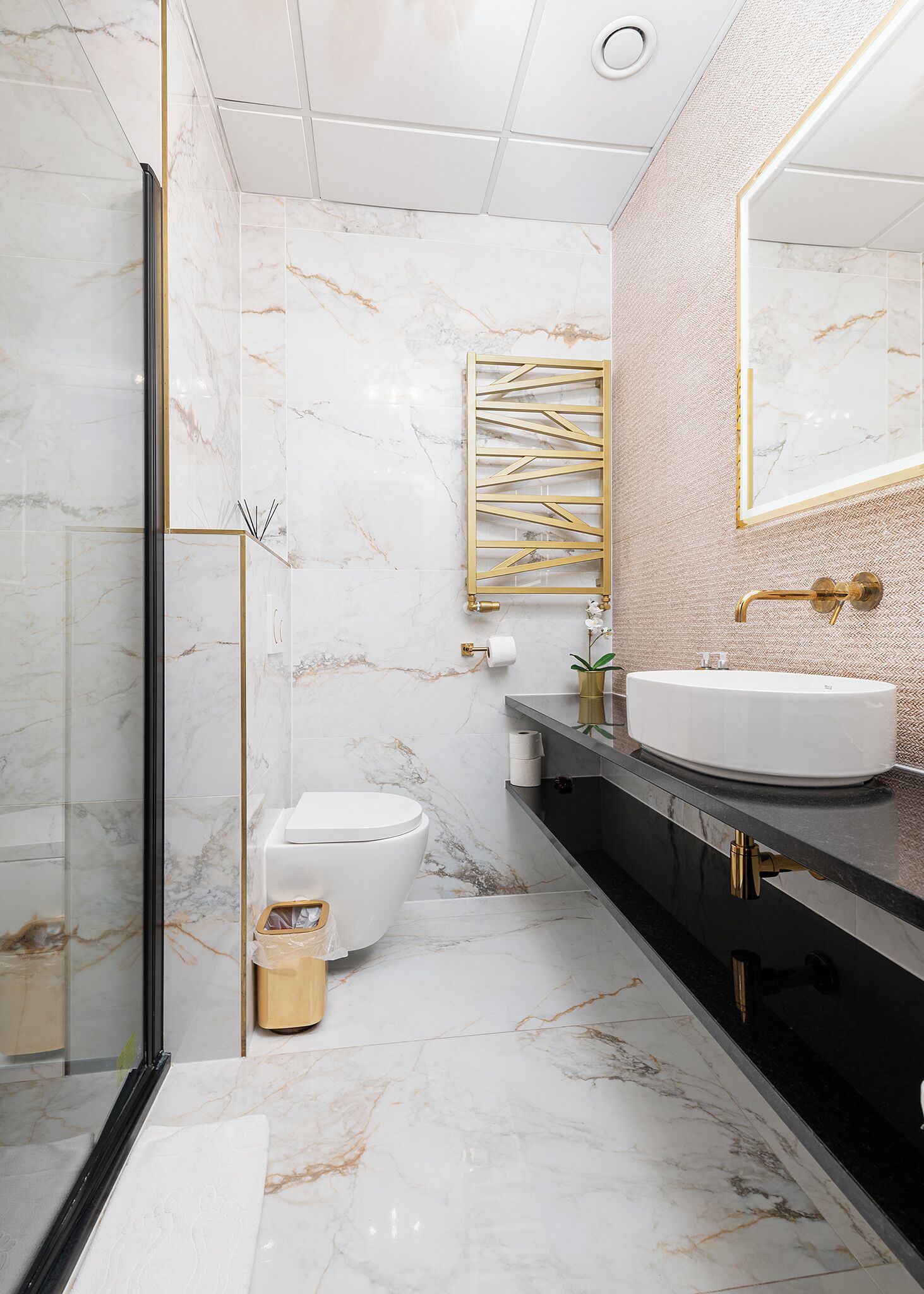 Een moderne badkamer met een douchecabine van glas, een wit toilet, een spiegel met gouden lijst en een zwart badkamermeubel met een witte wastafel.