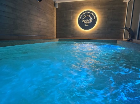 Alberca techada, acceso de 09:00 a 19:00, y camastros