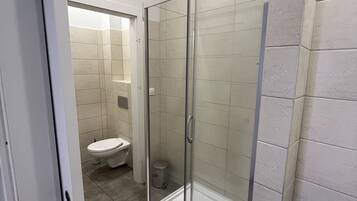 Kylpyhuone, jossa on lasiseinällä varustettu suihku, wc ja laatoitetut seinät.