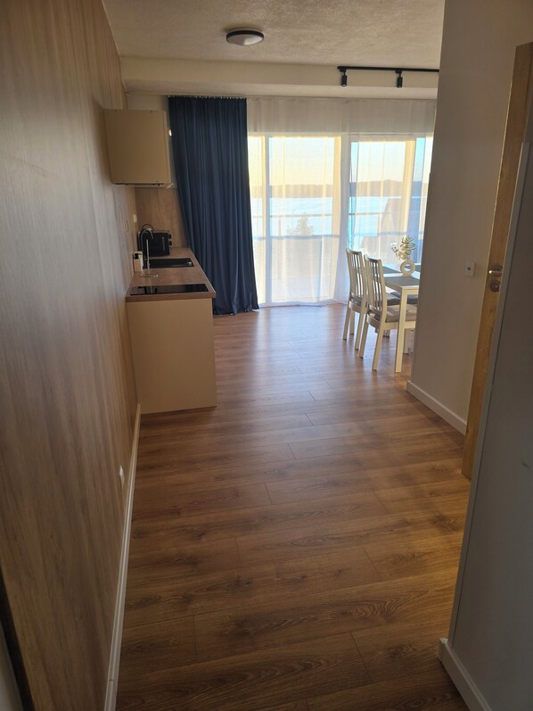 Un grand espace de vie doté d’un plancher en bois, un coin cuisine avec un évier et un comptoir, et un coin repas avec des chaises et une table.