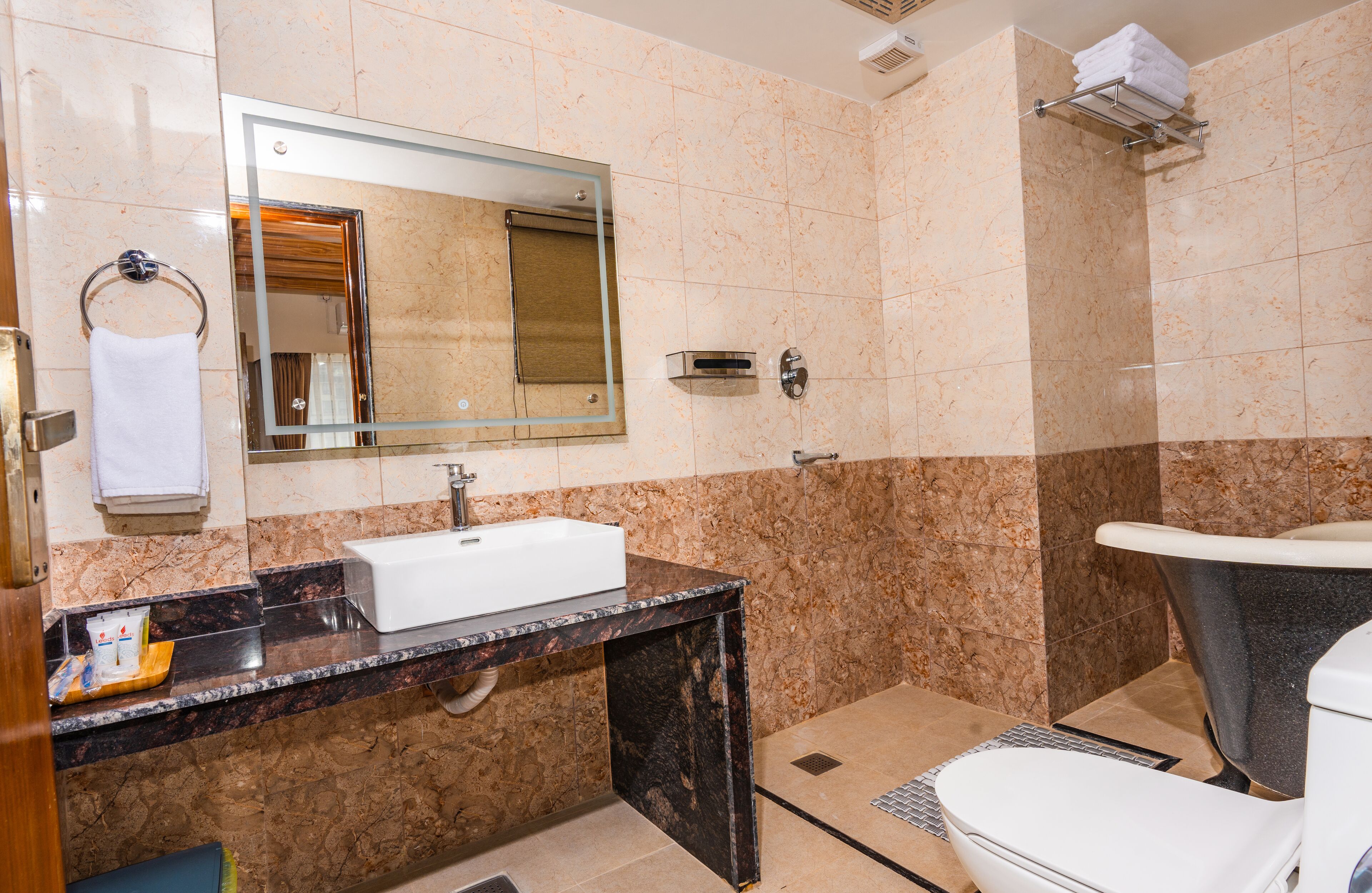 Un bagno con un lavabo in marmo, uno specchio, un WC e una zona doccia.