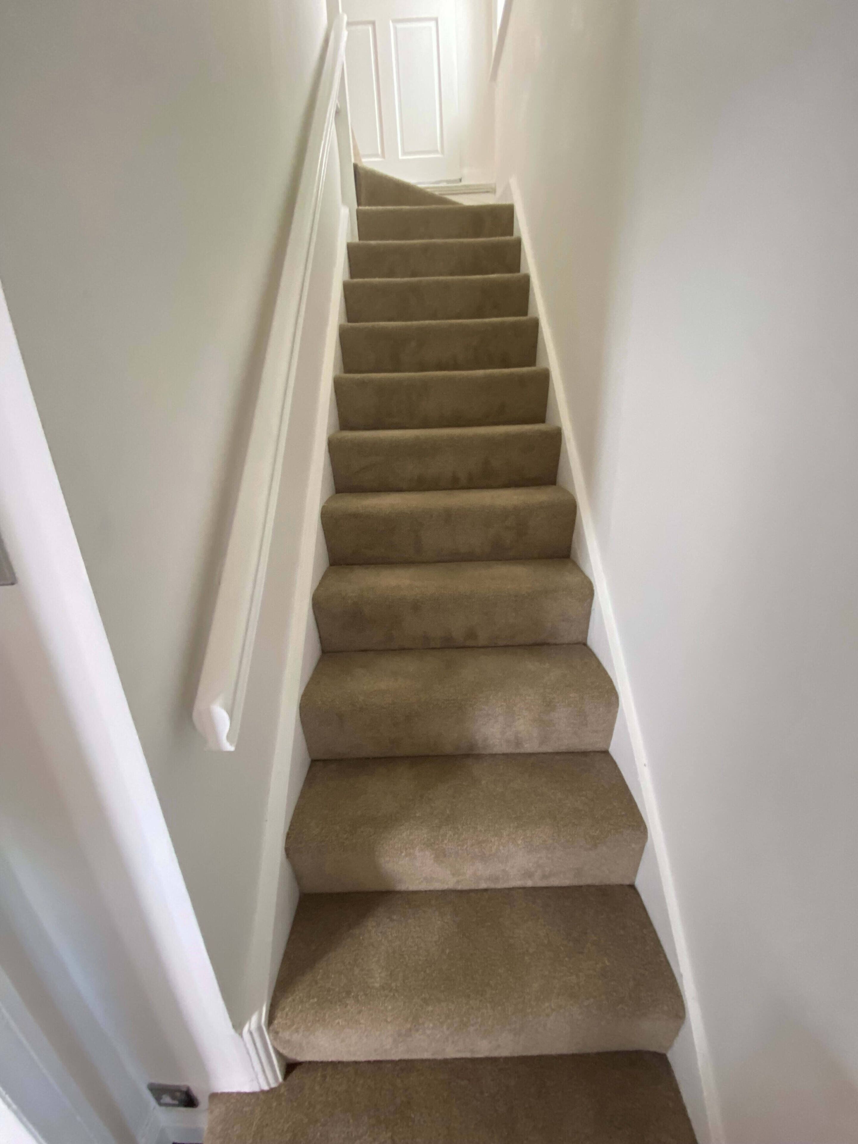 A carpeted staircase with white walls and a white door at the top.