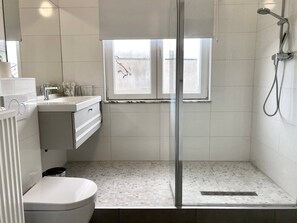 Douche, séchoir à cheveux, serviettes fournies