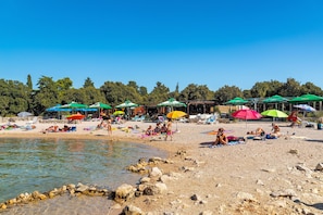 Ein Strand mit badenden Menschen, Sonnenschirmen und blauem Himmel.