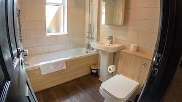 Hair dryer, towels, soap, toilet paper