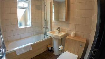 Hair dryer, towels, soap, toilet paper