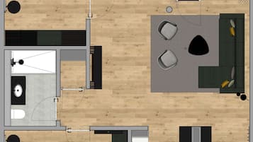 Distribución de una habitación de hotel con cama, escritorio, silla, mesita, sofá y zona de comedor con sillas.