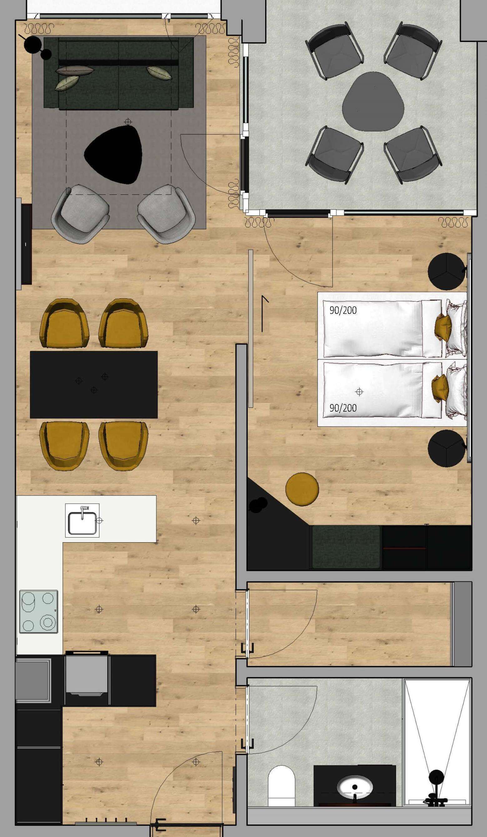 Disposizione di una camera d'albergo con un letto, comodini, una scrivania, una sedia, un bagno piccolo e un angolo cottura.