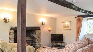 A cozy living room with a stone fireplace, a television, patterned sofas, and a decorative rug. - The Glen, Ugborough, South Devon (Ugborough)