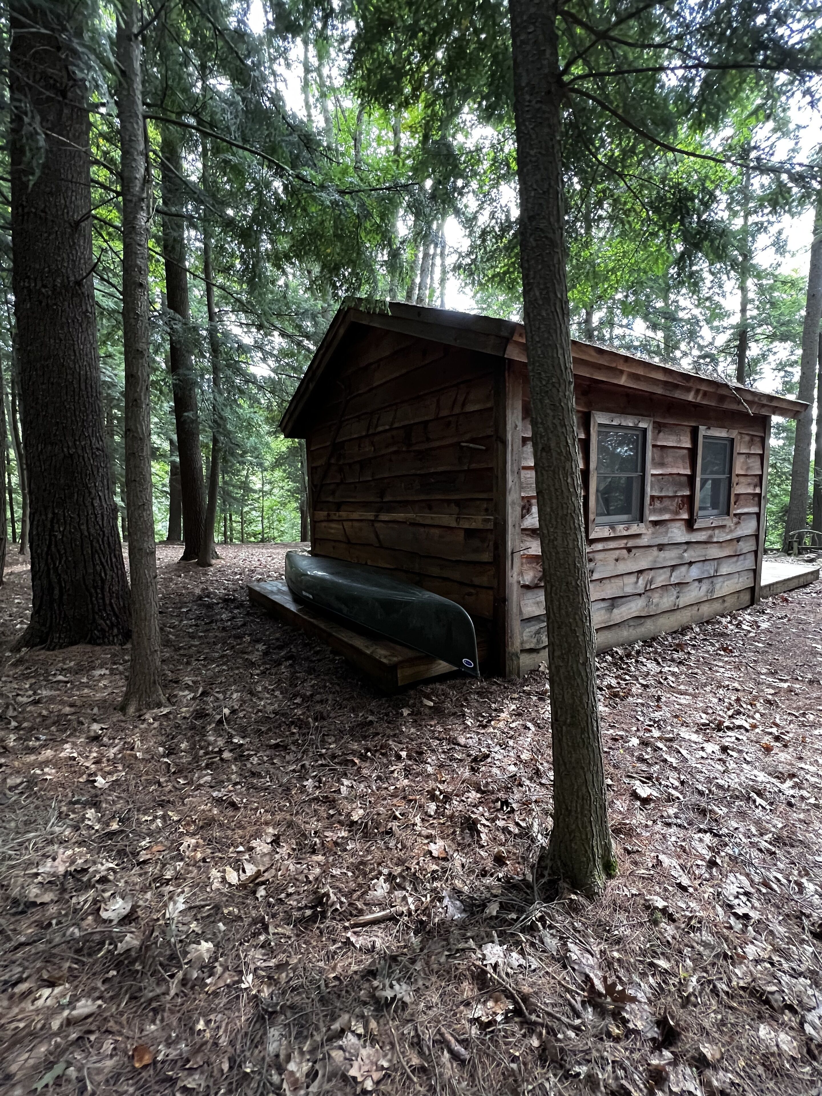 Una cabaña rústica en un bosque, con fachada de madera, un porche y una ventana pequeña.