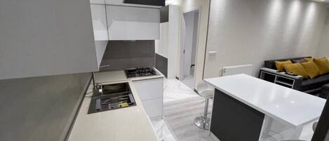 Appartamento City | Cucina privata | Frigorifero, microonde, piano cottura, pentole/stoviglie/utensili