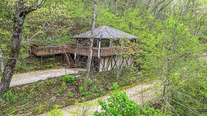 A wooden cabin with a deck, surrounded by dense forest. - Peaceful Historic Cabin on Lake Lucerne, Fireplace (Eureka Springs)