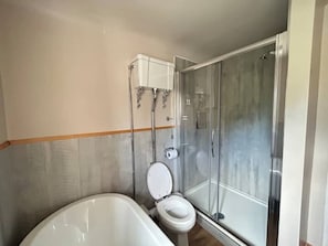 Hair dryer, towels, soap, toilet paper