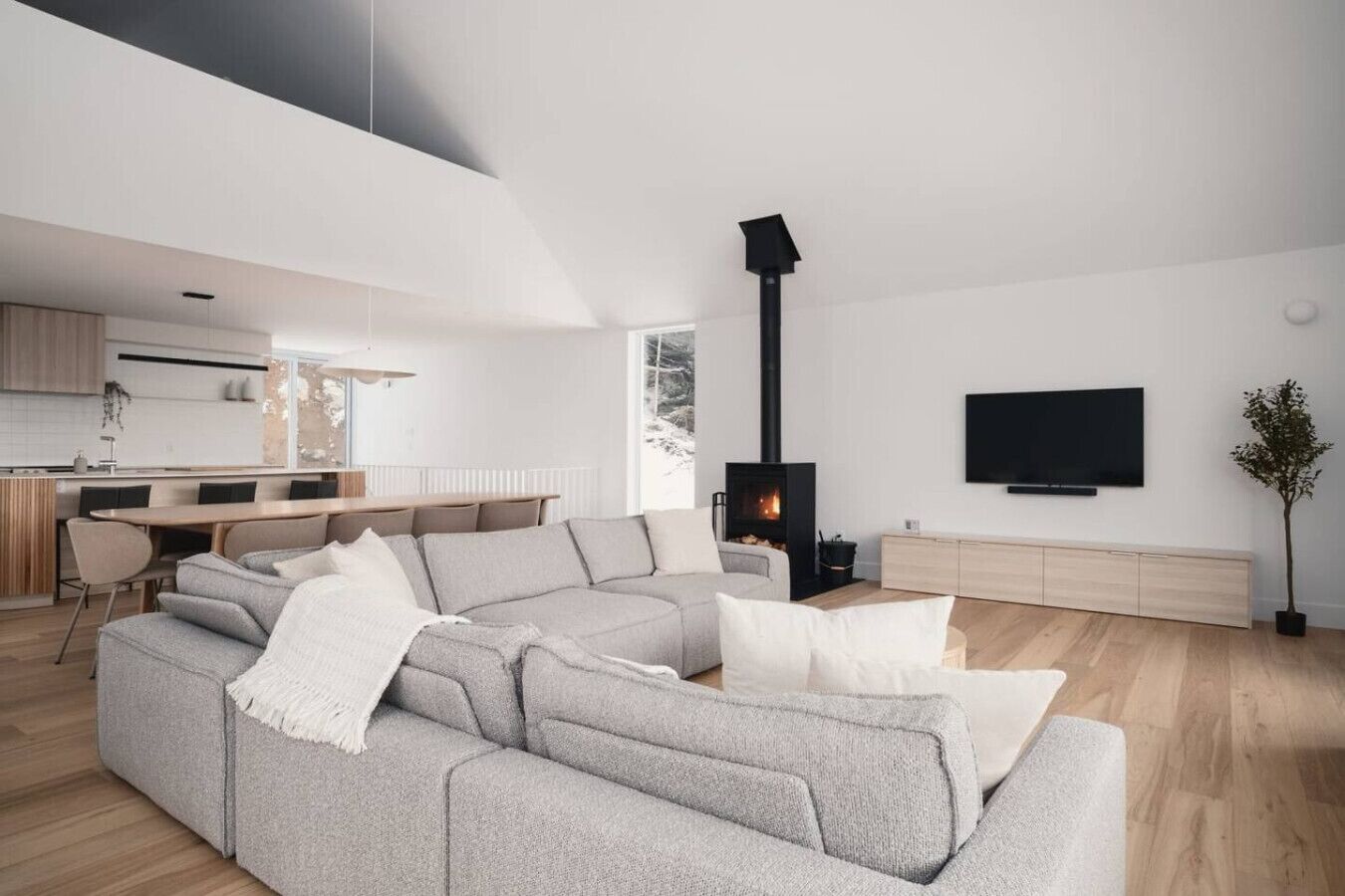 Televisión, chimenea y estéreo 