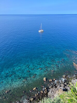 A clear view of a coastal area with a sailboat on the water and rocky shoreline. - Plantation´s Villa - Funchal Seaside Villas (Funchal)