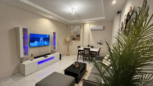 A modern living room with a flat-screen TV, a dining area, and a large potted plant. - We Offer you a Lovely 1-bed Apartment in Abidjan (Abidjan)