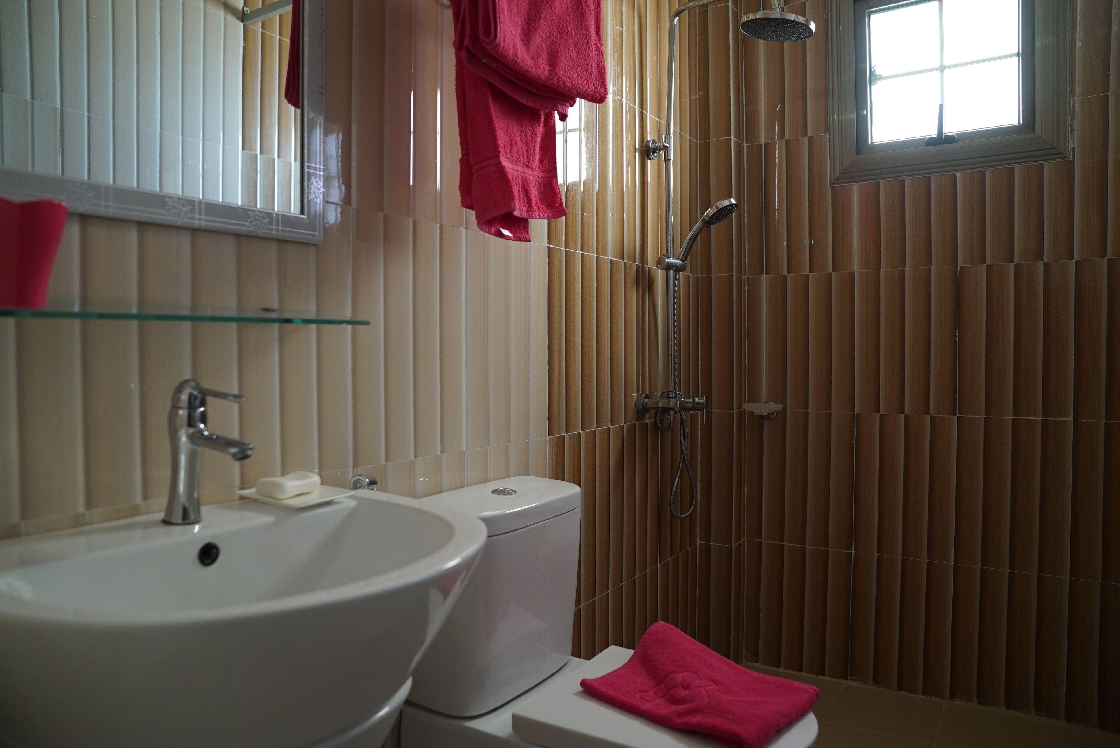Une salle de bain avec un lavabo, des toilettes et une douche.