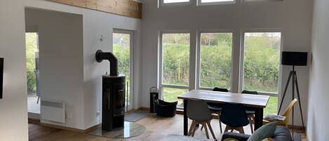 Smart TV, chimenea, libros, estéreo