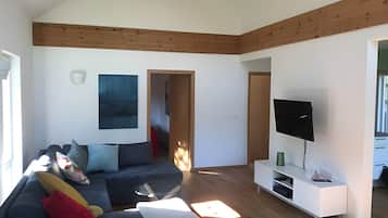 Smart-TV, Kamin, Bücher, Stereoanlage