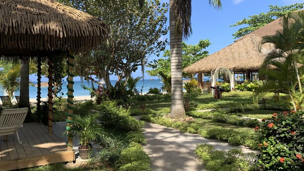 A tropical resort with thatched-roof structures, a palm tree-lined pathway, and a view of the ocean. - 2-bedroom Apt - Enjoy 7 miles of White Sand Beach! 2 Apts by RedAwning (Negril)