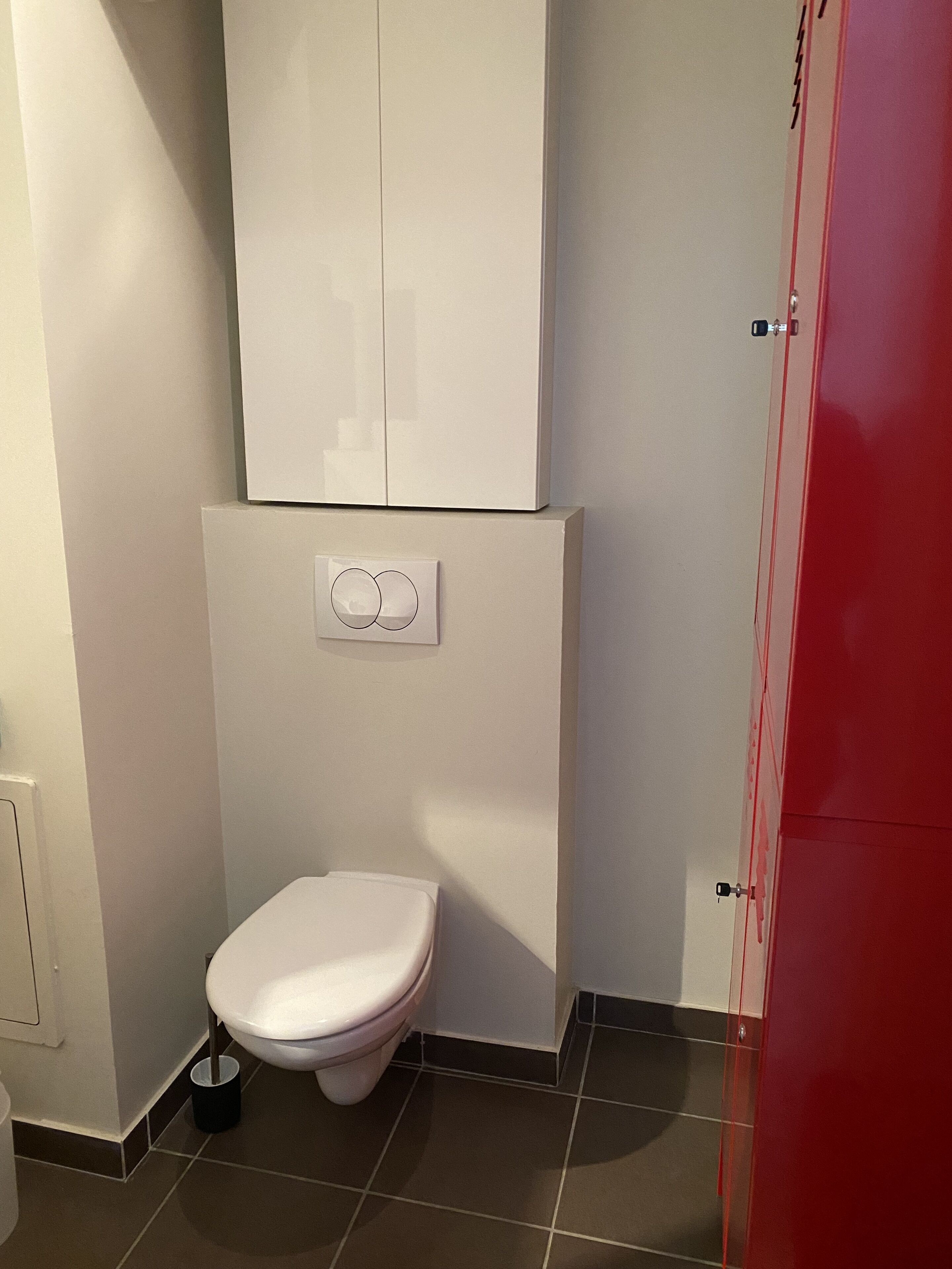 A bathroom with a toilet, a cabinet above it, and a red door.
