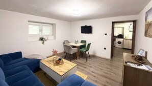 A compact living space with a blue sofa, a wooden coffee table, a dining area with a table and chairs, a TV mounted on the wall, and a laundry area visible through an open door.