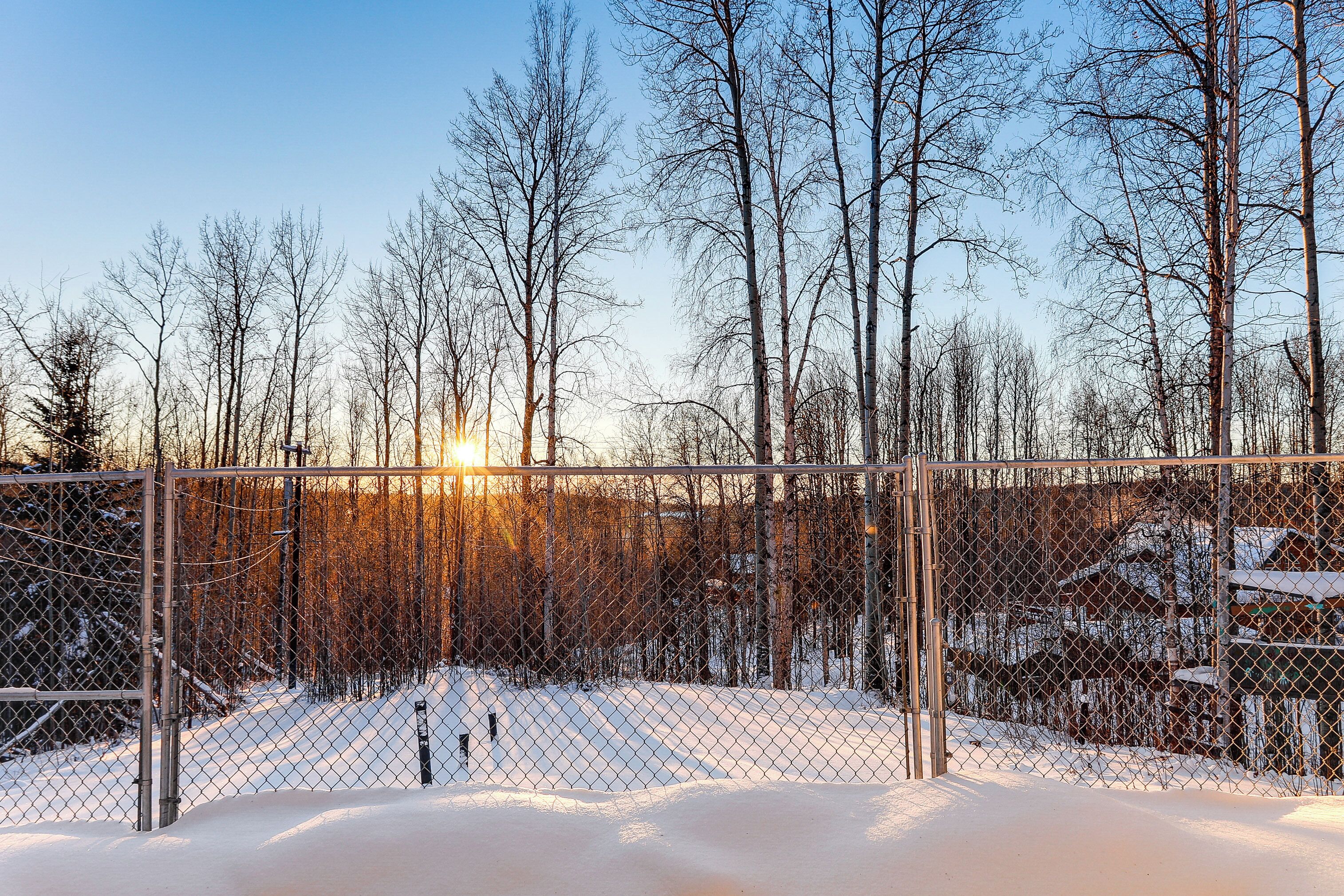 A snow-covered landscape with a chain-link fence and leafless trees.
