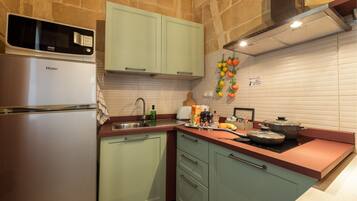 Fridge, microwave, stovetop, electric kettle