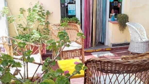 An outdoor seating area with wicker chairs and a yellow table, surrounded by potted plants and a decorative curtain.