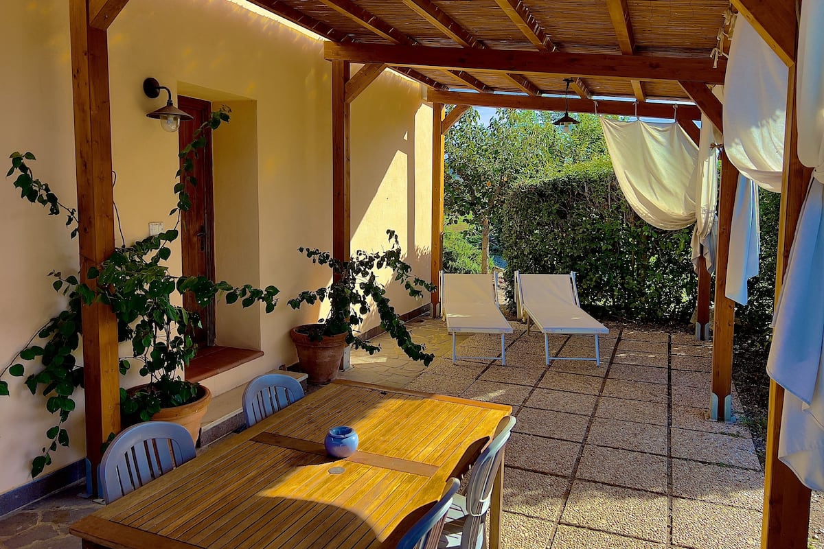 A covered patio with a wooden table and chairs, potted plants, and a view of the garden.