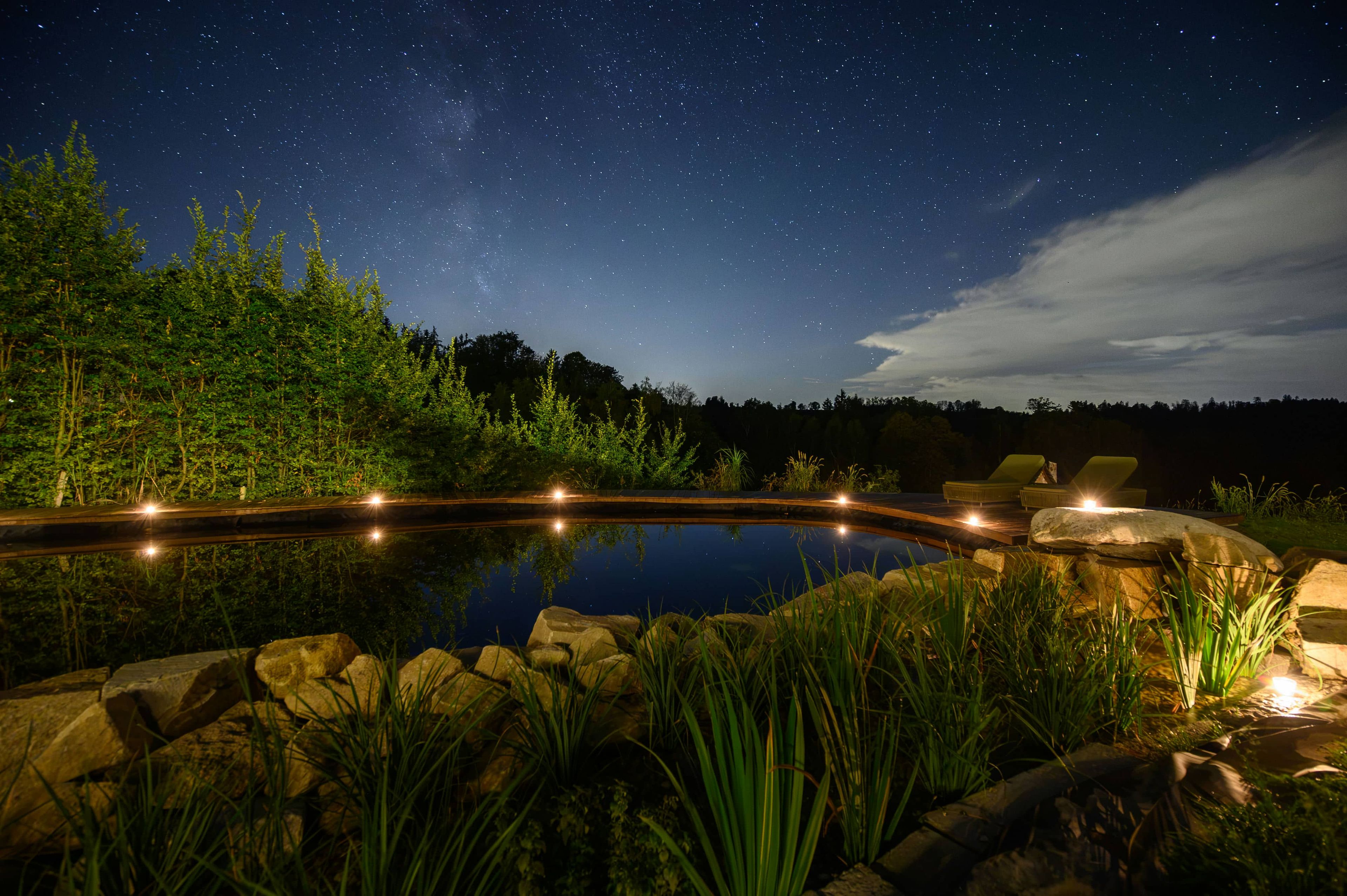 Espacio exterior nocturno con un estanque reflectante, rodeado de rocas y vegetación, bajo un cielo estrellado.