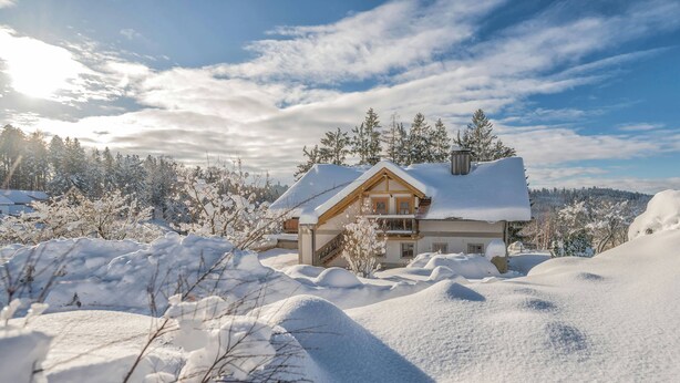 A house surrounded by snow-covered trees. - Apartment with Private Spa (Breitenberg)