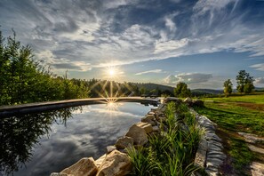 A serene landscape with a reflective pool, surrounded by greenery and a clear sky.