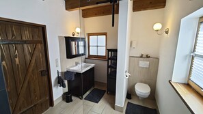 Shower, eco-friendly toiletries, hair dryer, towels