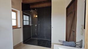 Shower, eco-friendly toiletries, hair dryer, towels