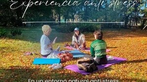 Un grupo de personas sentadas sobre una manta en un parque, con un logotipo y texto superpuesto que indica una experiencia para reducir el estrés cerca de Córdova Capital.